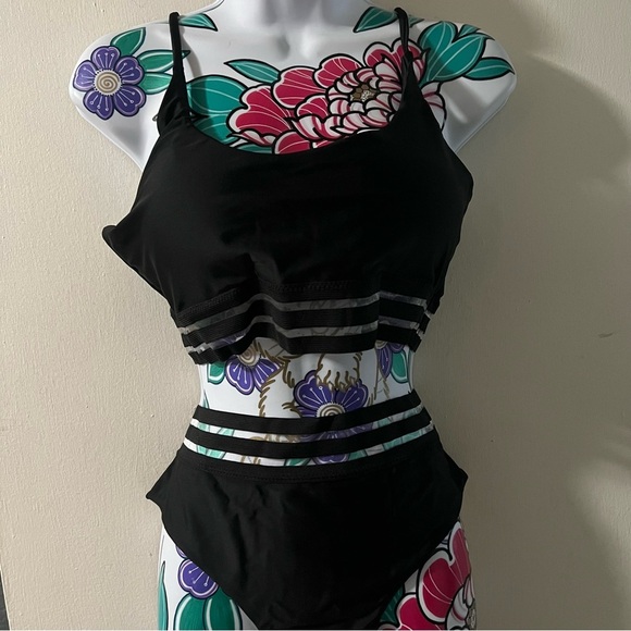 Shein Black Two Piece Swimsuit Stripe Waist - Picture 2 of 7